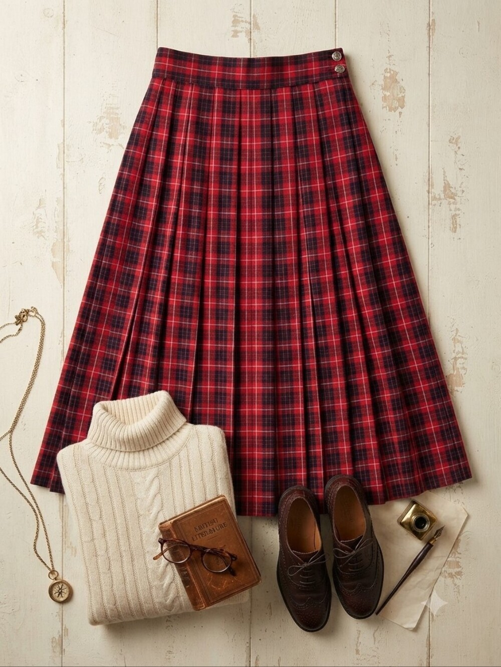 Vintage Chaus Red Plaid Pleated Maxi Skirt